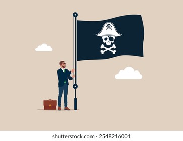 Businessman in suit, male raising waving flags of holding pirate flag with skull and crossbones. Aspiration to win and success. Flat vector illustration.