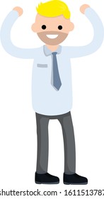 Businessman in suit. Man gestures hand. Office worker. Happy Employee of company stands in strong pose. Funny guy in tie. Cartoon flat illustration