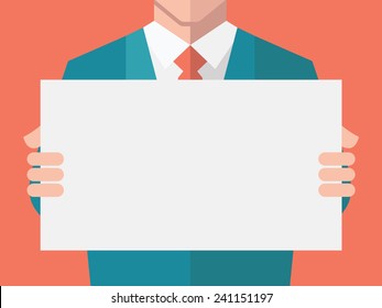 Businessman, in suit man, holding blank banner. Flat design with full head of character in clipping mask layer.  