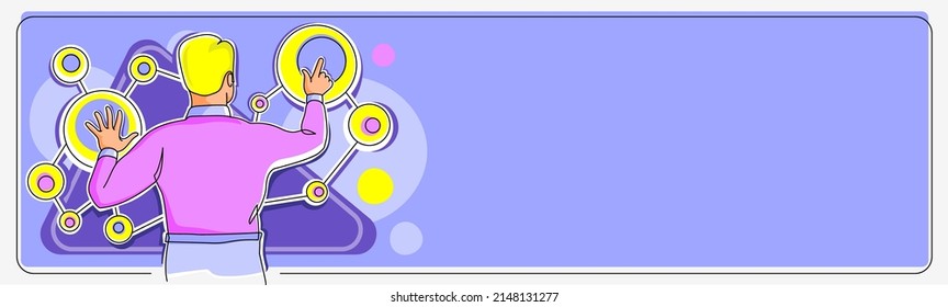 Businessman in suit manipulating circular chart representing strategy creation building successful project plans. Man pressing buttons generating creative ideas.