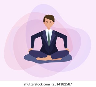 Businessman in suit meditating. Man with close eyes sitting in lotus pose flat vector illustration. Yoga, stress relief, recreation concept for banner, website design or landing page