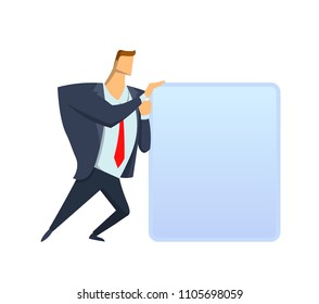 Businessman in suit moving big translucent block. Icon, button template. Copyspace. Concept vector illustration. Flat style. Isolated on white background.