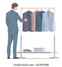 Businessman in suit near rack with clothes. Vector isolated illustration on white background