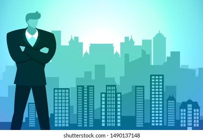 Businessman in Suit Observing Real Estate Business Skyscraper City Landmark Illustration
