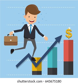 Businessman in Suit on Arrow and Graph. Concept business vector illustration Flat Style.