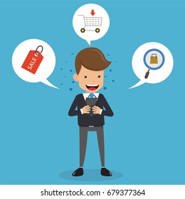 Businessman in Suit  On line Shopping On Mobile Phone. Concept Business Vector Illustration Flat Style.