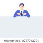 Businessman in a suit pointing down with both hands. Vector illustration of a man indicating copy space or a focal point below.