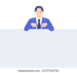 Businessman in a suit pointing down with both hands. Vector illustration of a man indicating copy space or a focal point below.