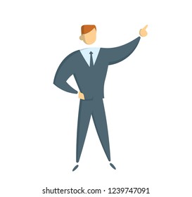 Businessman in suit pointing up. Full-length figure of a businessman. Flat vector illustration. Isolated on white background.