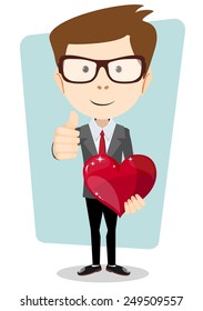 Businessman in suit presents the heart of his beloved, vector illustration