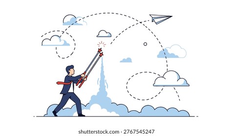 Businessman in a suit pulling a rope to launch two rockets into the sky among clouds and a paper airplane for a new business startup launch.