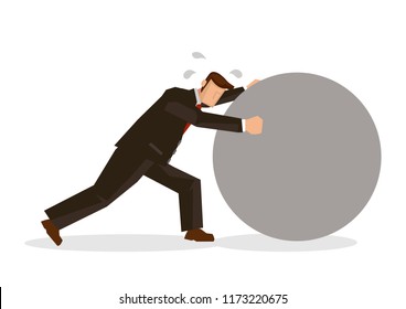 Businessman in suit pushing a giant rock. Concept of hardworking or efficiency of a businessman. Vector illustration with a white background.