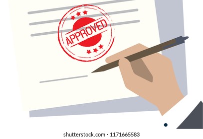 Businessman in suit put fake signature with hand on document grey brown white background. Approved stamp round grunge on document or agreement, approving sign mark success in business deal. 