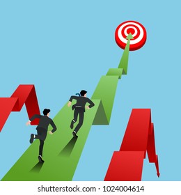 Businessman in suit race, running to go to target for success in the top of graph, win in career, make high profit. Vector illustration design.