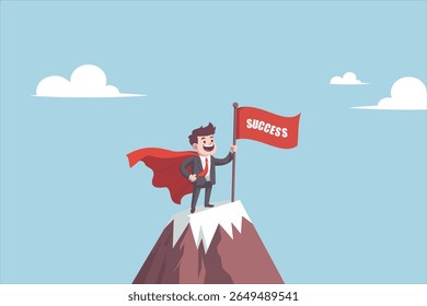 Businessman in a suit and red cape standing triumphantly on a mountain peak, holding a red flag with the word “SUCCESS.” Concept of achievement, leadership. Vector illustration.