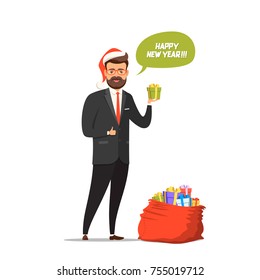 Businessman in suit. Red Hat. A bag with presents. Holds a gift in his hand. Dialog cloud. Congratulations on the New Year and Christmas.