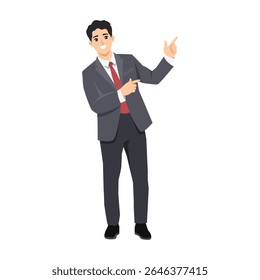 Businessman in a suit and red tie confidently points to side, presenting or introducing something. Flat Vector character illustration