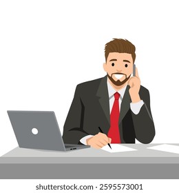Businessman in a suit and red tie is multitasking at his desk, talking on the phone while taking notes. Flat vector illustration isolated on white background