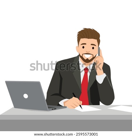 Businessman in a suit and red tie is multitasking at his desk, talking on the phone while taking notes. Flat vector illustration isolated on white background