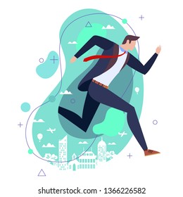 Businessman in a suit running against a green stylised city backdrop in a conceptual image of deadlines, ambition, competition, achievement, success, overwork or lateness