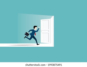 Businessman in suit running to the opened door. Man opens door looking for work. Business success concept. Motivation and startup concept. Beginning of business career. Vector illustration flat design