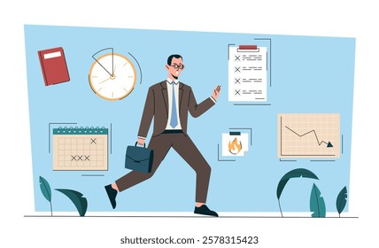 Businessman in a suit rushing past a giant hourglass, surrounded by a calendar, clock, and graph, on a light background. Concept of time management. Vector illustration