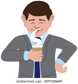 A businessman in a suit is savoring his morning cup of coffee