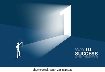 Businessman in suit shoot the arrow to exit door number one. Concept of career start up and champion business solution.