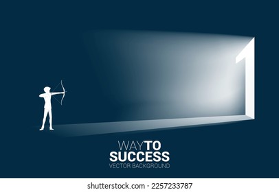 Businessman in suit shoot the arrow to exit door number one. Concept of career start up and champion business solution.