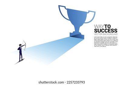 Businessman in suit shoot the arrow to exit door shape trophy. Business Concept of route to winner and champion