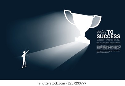 Businessman in suit shoot the arrow to exit door shape trophy. Business Concept of route to winner and champion