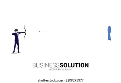Businessman in suit shoot the arrow to key hole. Business Concept of marketing target and customer.