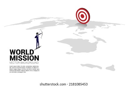 Businessman in suit shoot the arrow on world map. Business Concept of world target mission.