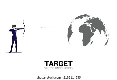 Businessman in suit shoot the arrow on world map. Business Concept of world target mission.