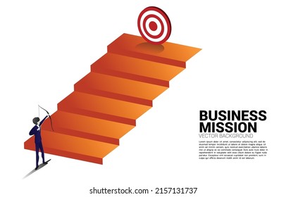 Businessman in suit shoot the arrow to target on step stair. Business Concept of marketing target and customer.