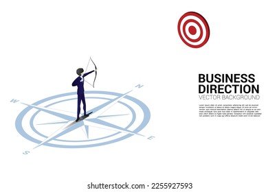 Businessman in suit shoot the arrow to target standing at center of compass on floor.Concept of career path and business direction.