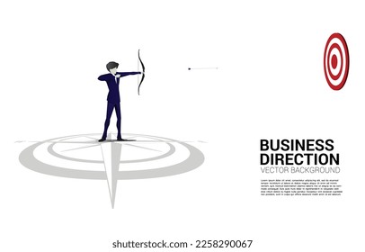 Businessman in suit shoot the arrow to target standing at center of compass on floor.Concept of career path and business direction.