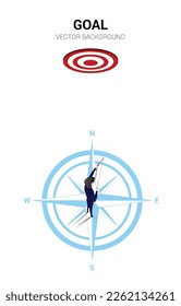 Businessman in suit shoot the arrow to target standing at center of compass on floor.Concept of career path and business direction.