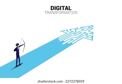 Businessman in suit shoot the arrow to target on the way with dot connect line circuit. concept of digital transformation of business.