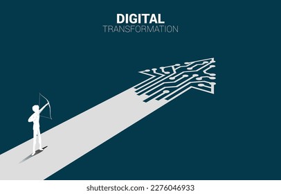 Geschäftsmann im Anzug schießt den Pfeil auf den Weg mit Punkt-Verbindungsleitung-Schaltung. Konzept der digitalen Transformation der Wirtschaft.