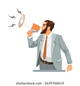 Businessman in suit shouting through megaphone with sound waves, flat graphic style on white background. Concept of noise pollution. Vector illustration