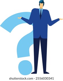 Businessman in a suit shrugging with a large question mark behind him, representing confusion, uncertainty, and the search for answers in business decision making