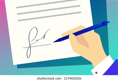 Businessman suit sign hand on document Aquamarine pink modern background. Not personal signature, just fictional one. Concept of signing agreement or visa application, credit loan in bank business