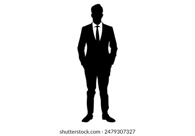 Businessman in Suit Silhouette isolated on white background, Silhouette of a Man in a Classic Suit, Stylish Man Vector Illustration.