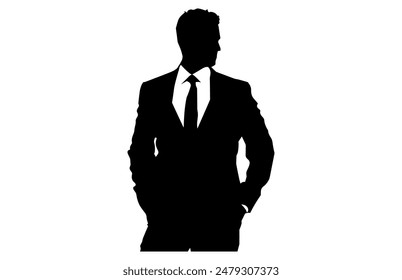 Businessman in Suit Silhouette isolated on white background, Silhouette of a Man in a Classic Suit, Stylish Man Vector Illustration.