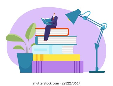 Empresario en la pila de libros sentados de traje, pequeño libro de texto de lectura masculino obtienen luz de tabla de conocimiento ilustración plana vectorial, aislado en blanco.