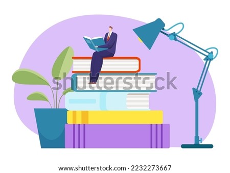 Businessman in suit sitting book stack, tiny male read textbook obtain knowledge table lamp flat vector illustration, isolated on white.