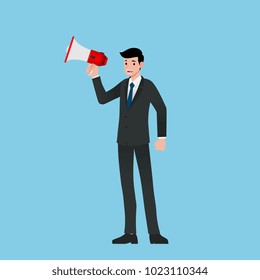 Businessman in suit stand and holding or using megaphone, loudspeaker to shout for spread the words, selling, announcing or yelling. Vector illustration design.