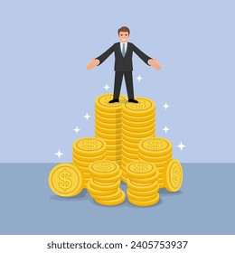 Businessman in suit stand on pile of money coin. illustration vector cartoon.