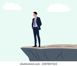 businessman in a suit standing confidently on the edge of a cliff, symbolizing risk-taking, decision-making, leadership, and facing challenges in the corporate world. Suitable for business concepts. 